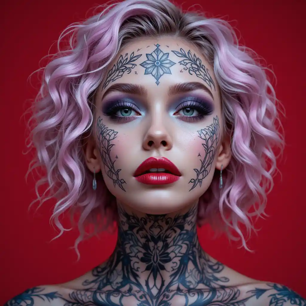 Tattooed woman with pastel pink hair against red background