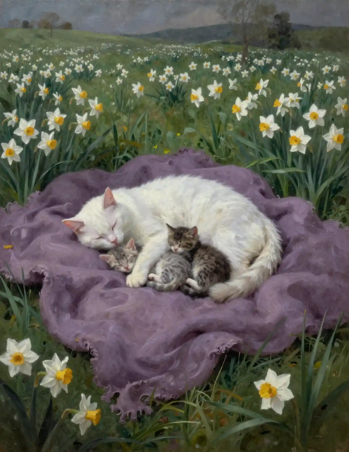 White cat and kittens sleeping on a lilac blanket