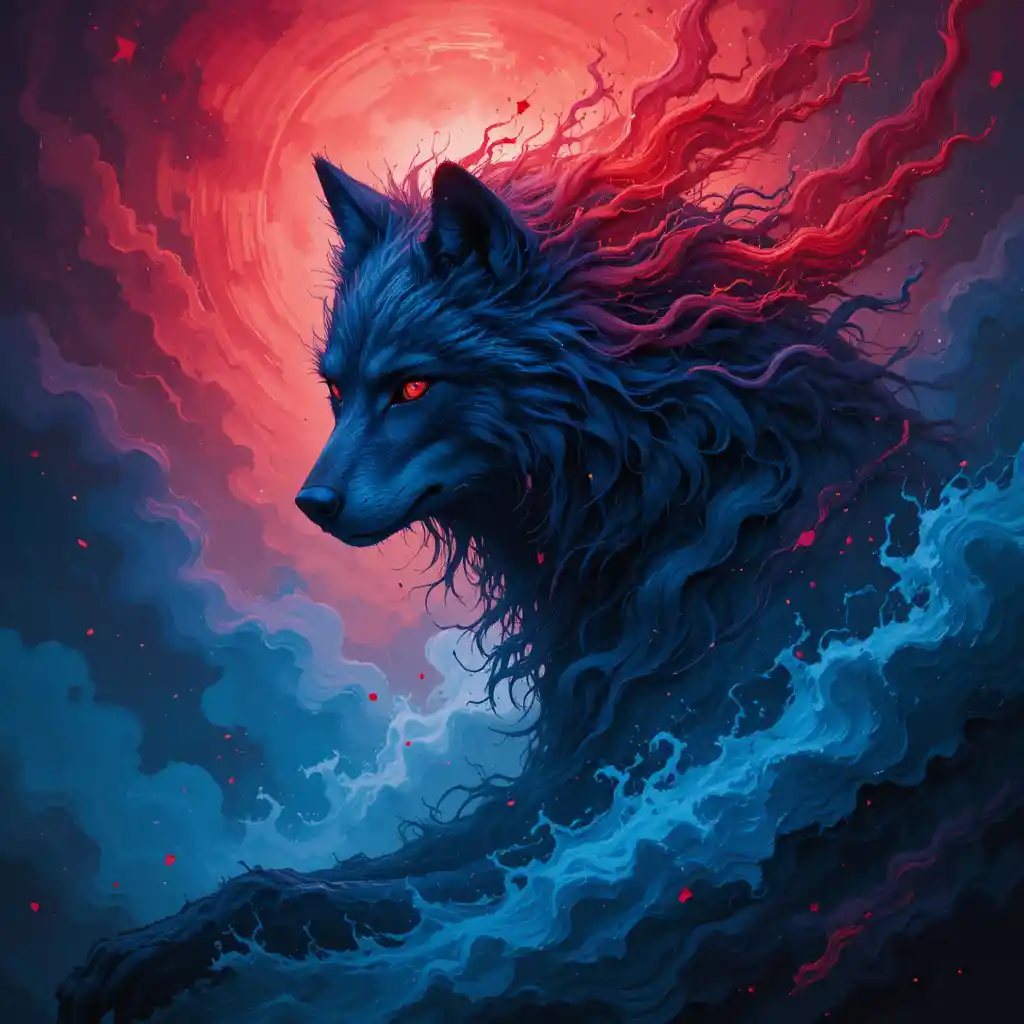 Einsamer Wolf in einem wirbelnden, expressiven Farbsturm