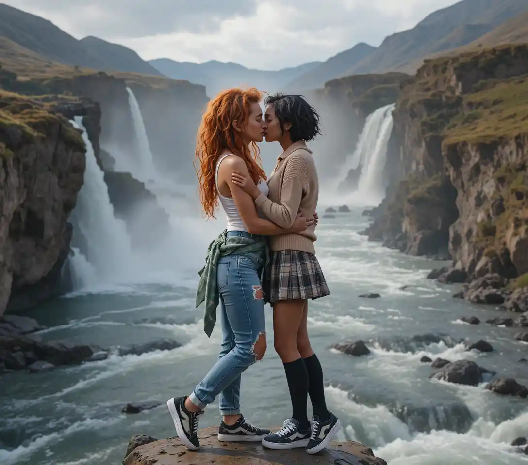 Two teenage girls kissing on a rock by a waterfall