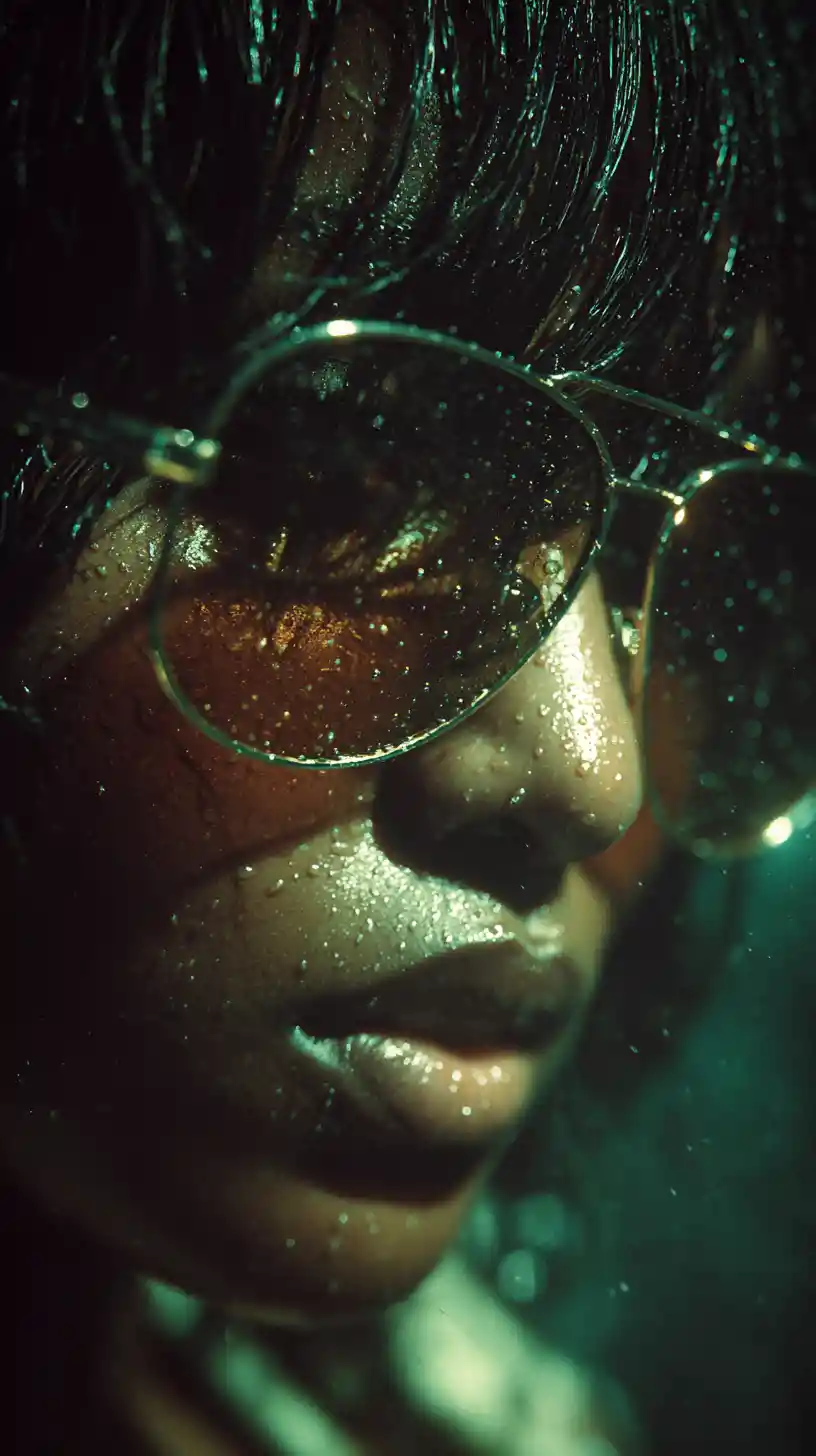 Close up of futuristic woman at neon lit nightclub