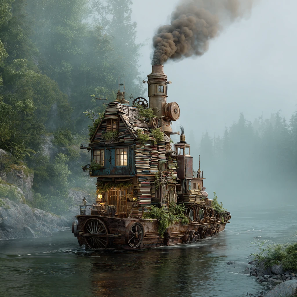 Steampunk book houseboat drifting along a misty river