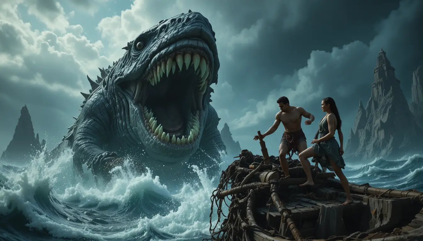 Sea monster attacking a small boat in stormy ocean