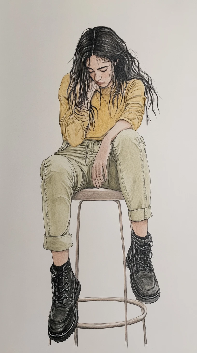 Pensive woman on stool with smartphone in minimalist sketch