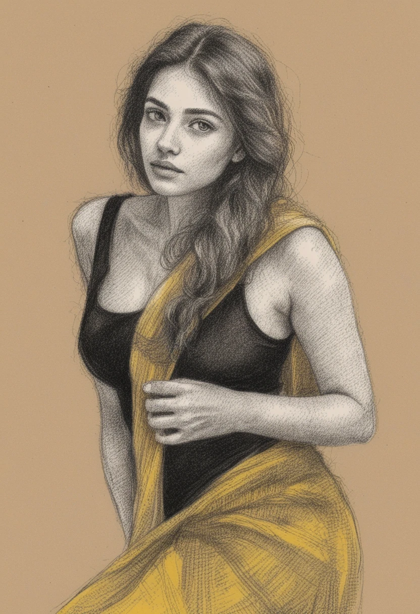 Mixed-Media-Porträt einer selbstbewussten Frau im gelben Sari