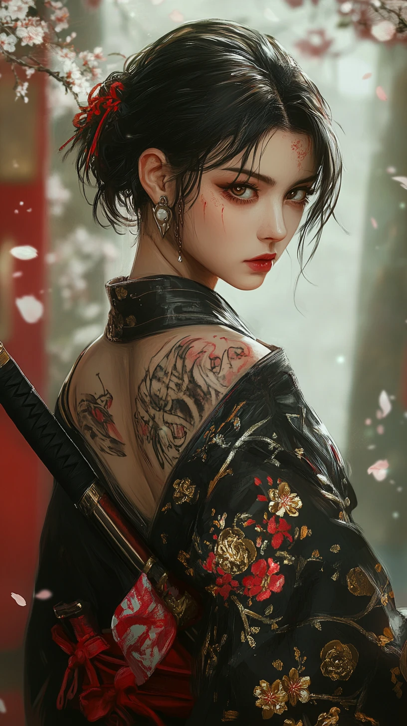 Samurai donna in kimono nero tra delicate fioriture di ciliegio
