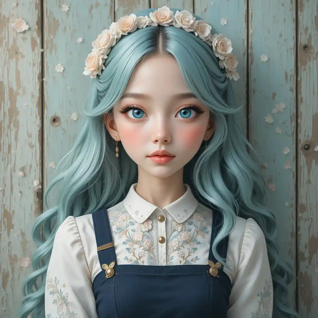 薄荷綠頭髮的動漫少女復古花卉服裝肖像