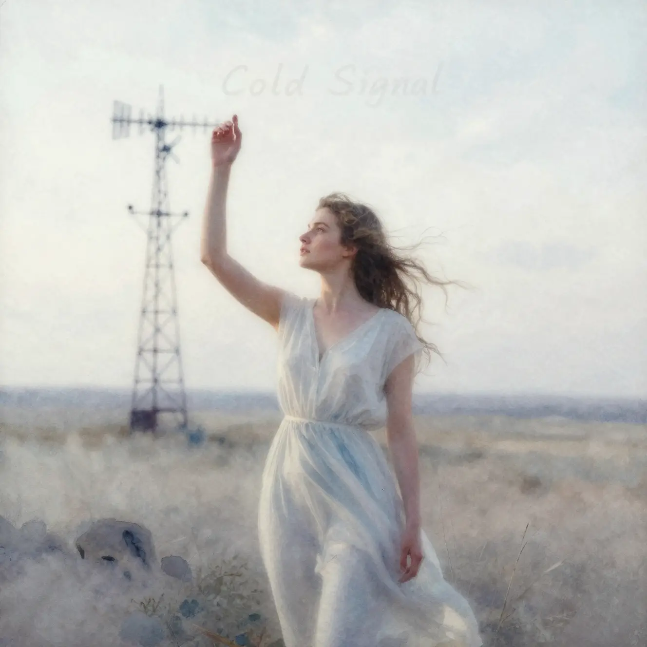 Watercolor girl beneath pale sky and silent antenna