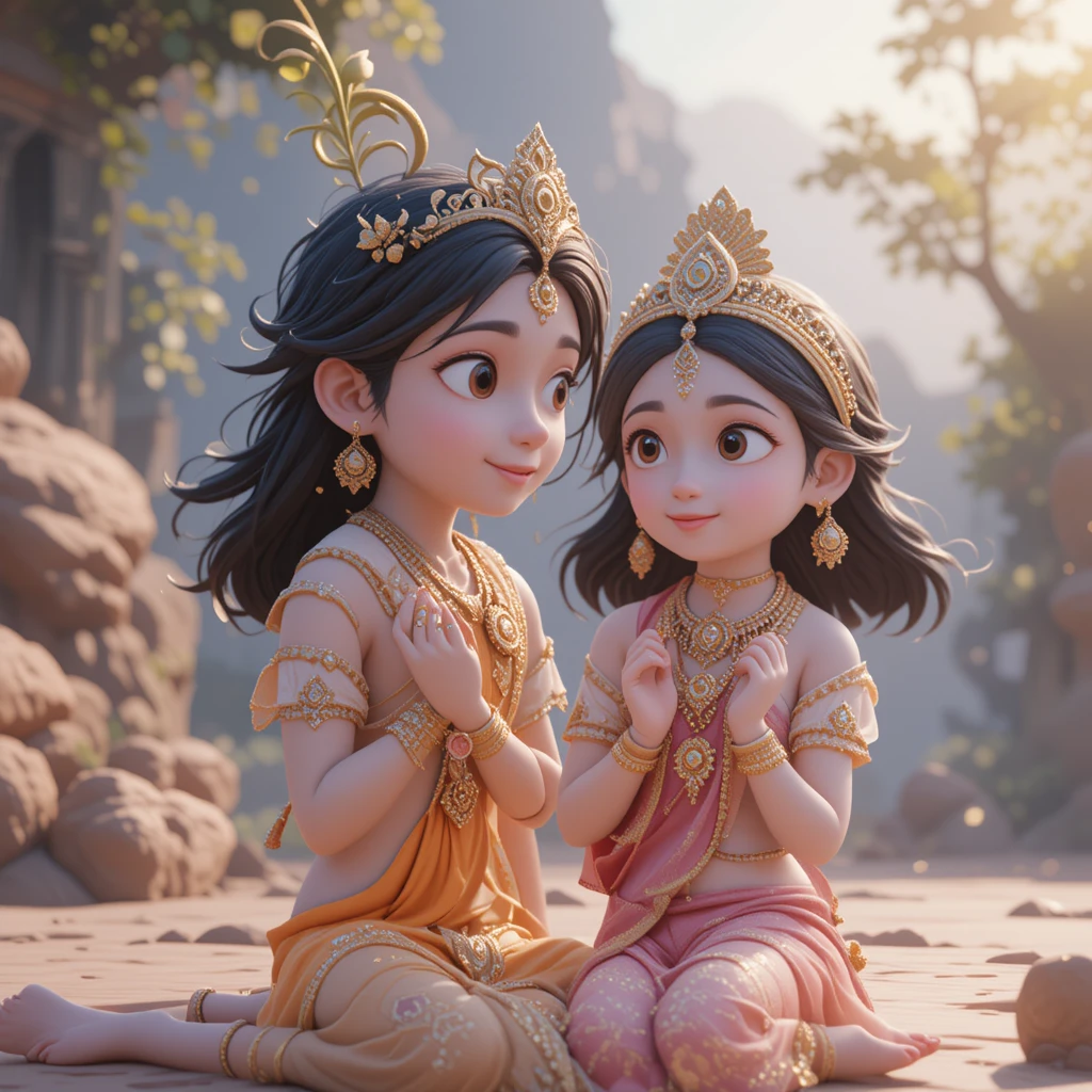Bambino divino Krishna in una scena di animazione devozionale 3D