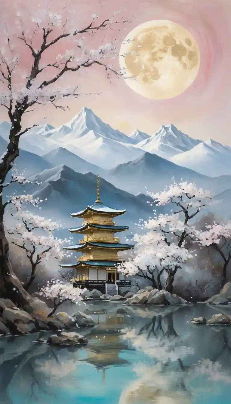 White almond blossom trees before misty moonlit mountains