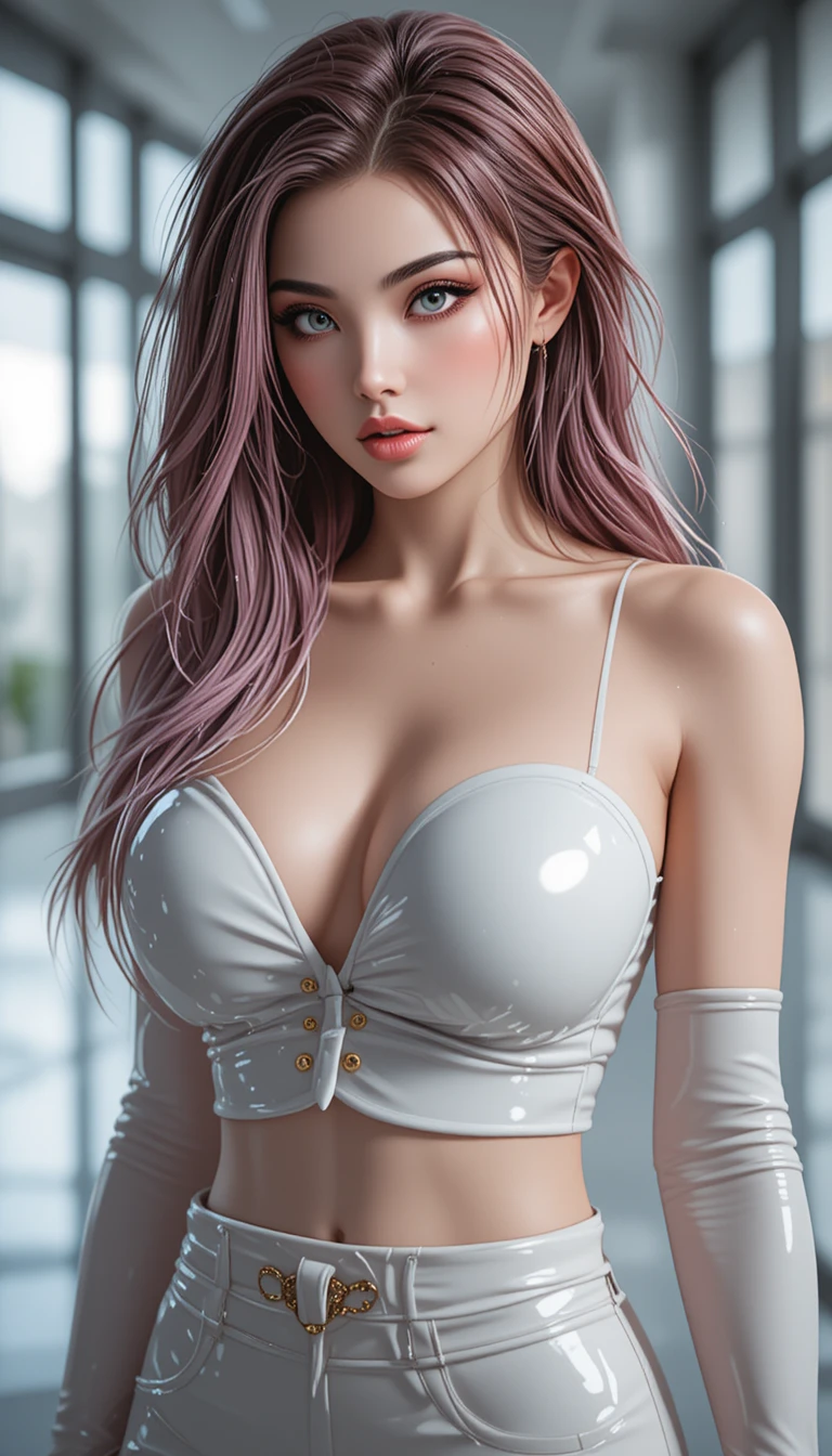 Pink haired woman in white top in bright indoor scene