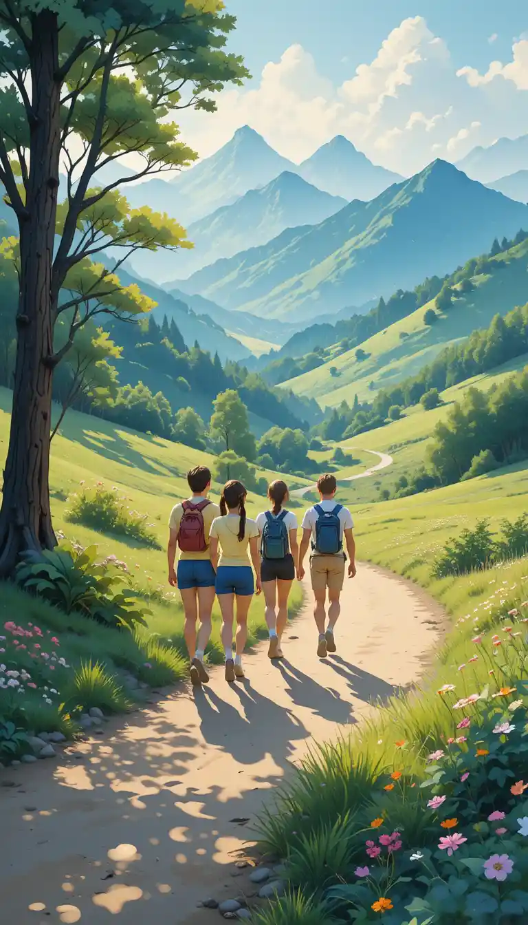 Watercolor group walking along a sunny country trail