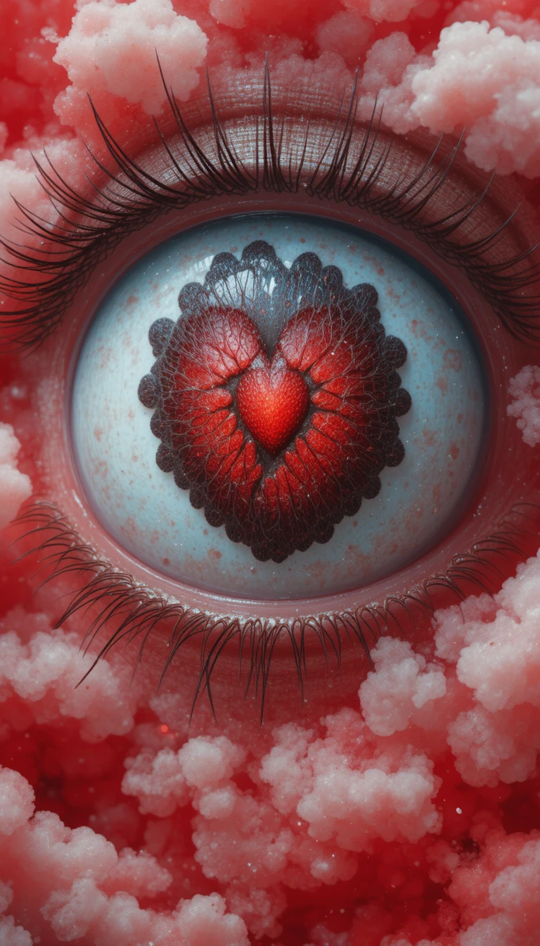 Primo piano di un grande occhio con il riflesso di un cuore rosso