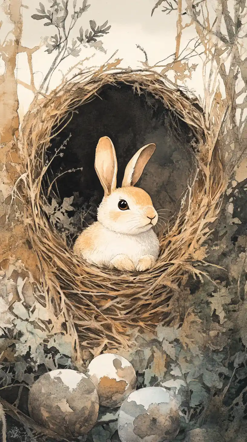 Happy easter rabbit resting in a garden nest close up