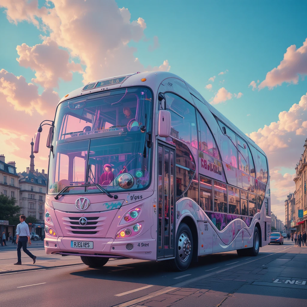 Autobús futurista surrealista de París como modelo de alta costura