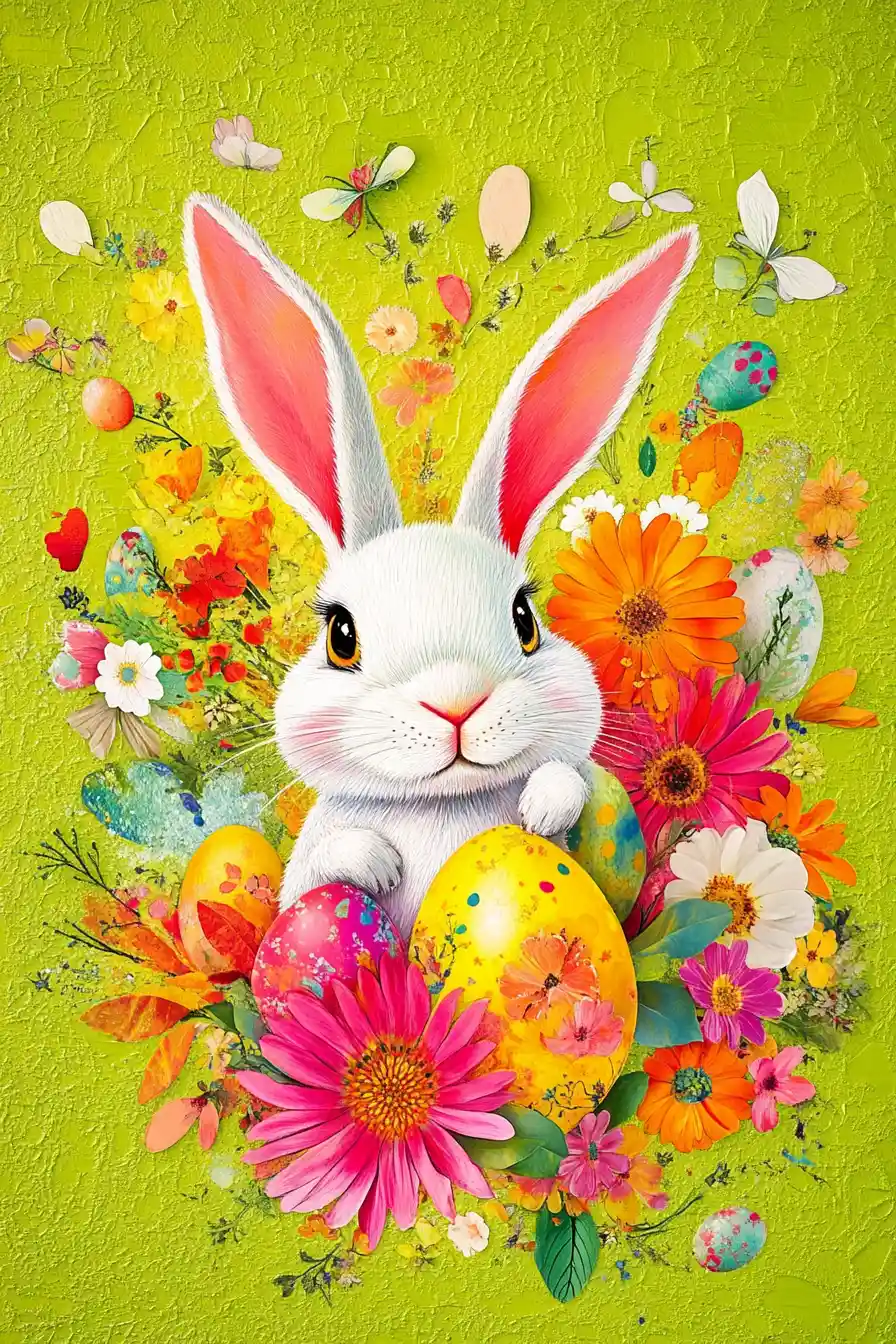 Cheerful Easter rabbit on lime green floral background