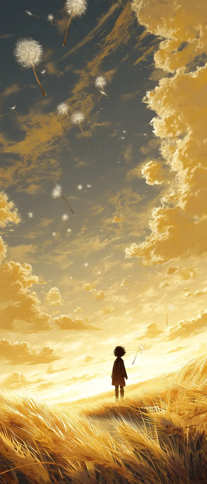 Child at the edge of a golden wheat field