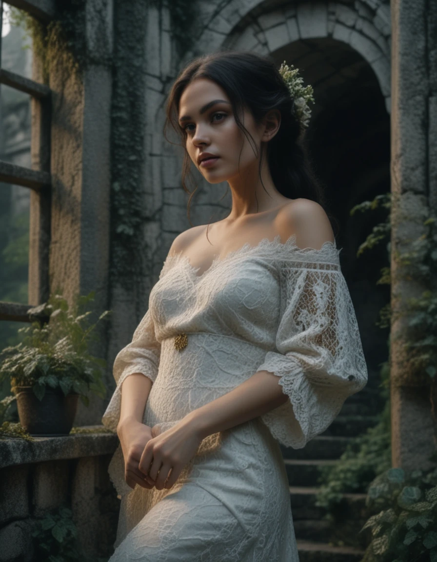 Woman in white lace dress on ancient gothic stone stairs