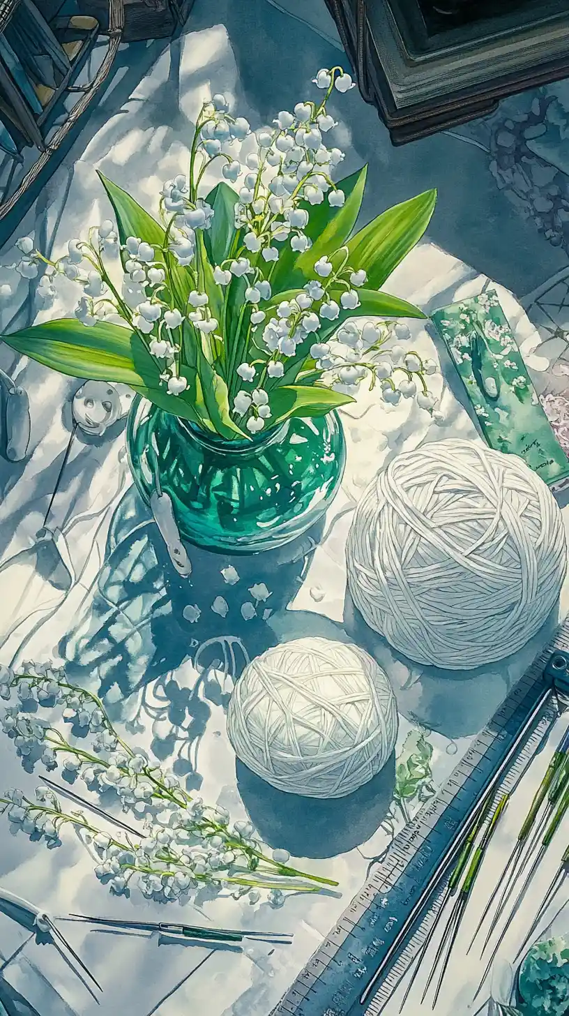 Lily Of The Valley Watercolor Illustration With Sewing Tools