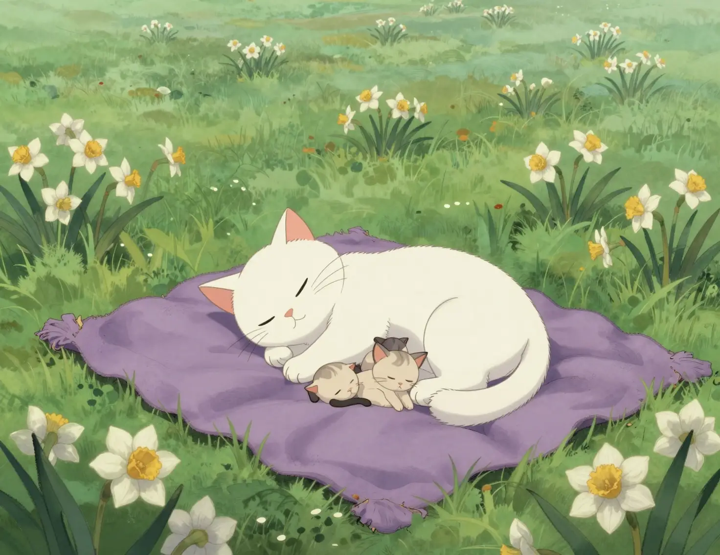 White cat and kittens sleeping on lilac blanket in meadow