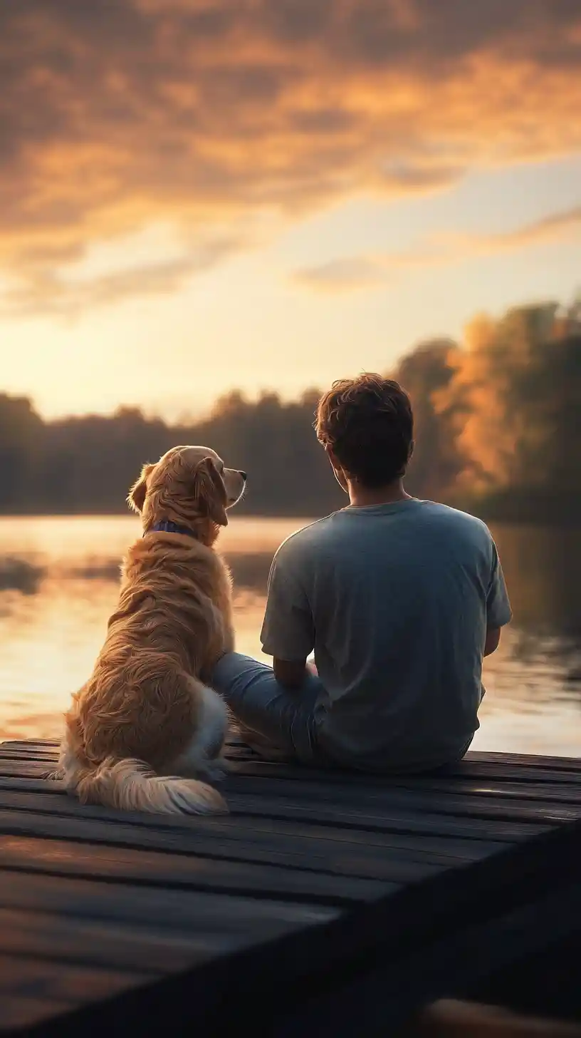 Giovane uomo e golden retriever su un molo al tramonto
