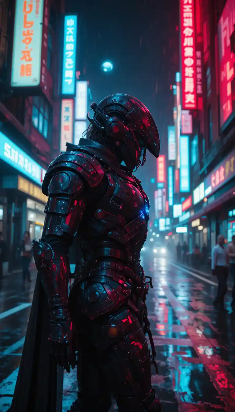 Armored heroine in neon lit cyberpunk city street