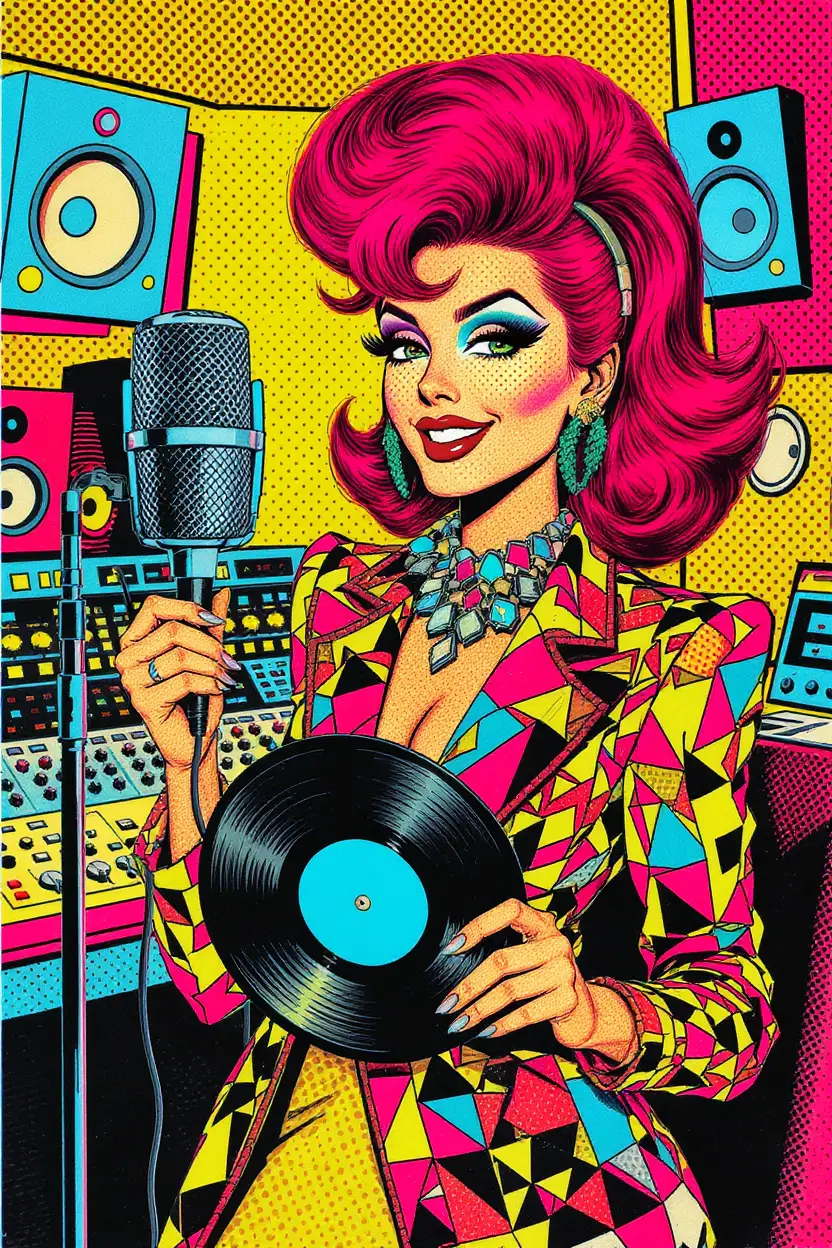 Retro pop art woman in a colorful recording studio