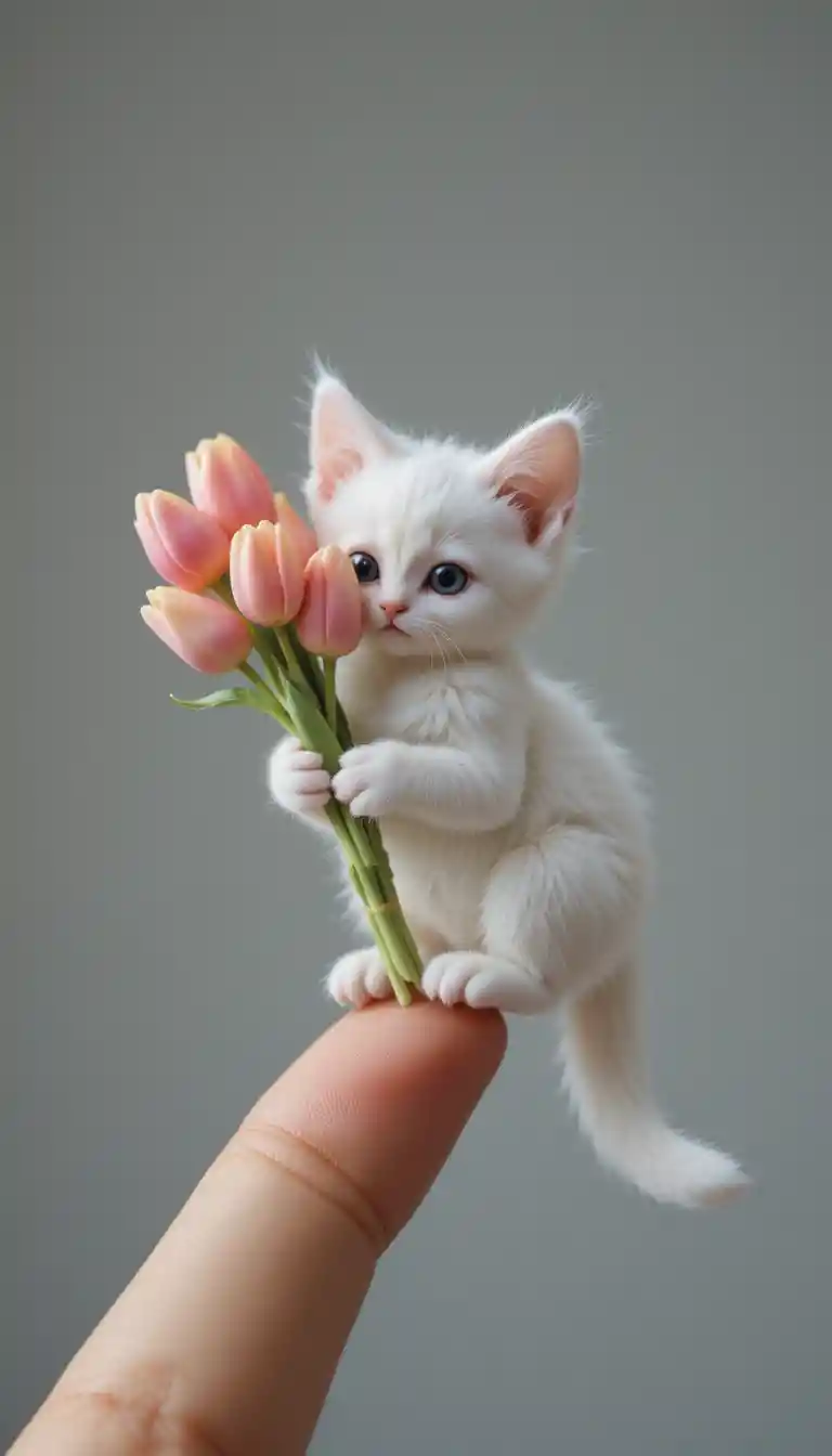 Pequeño gatito blanco equilibrado en la punta de un dedo con ramo de tulipanes