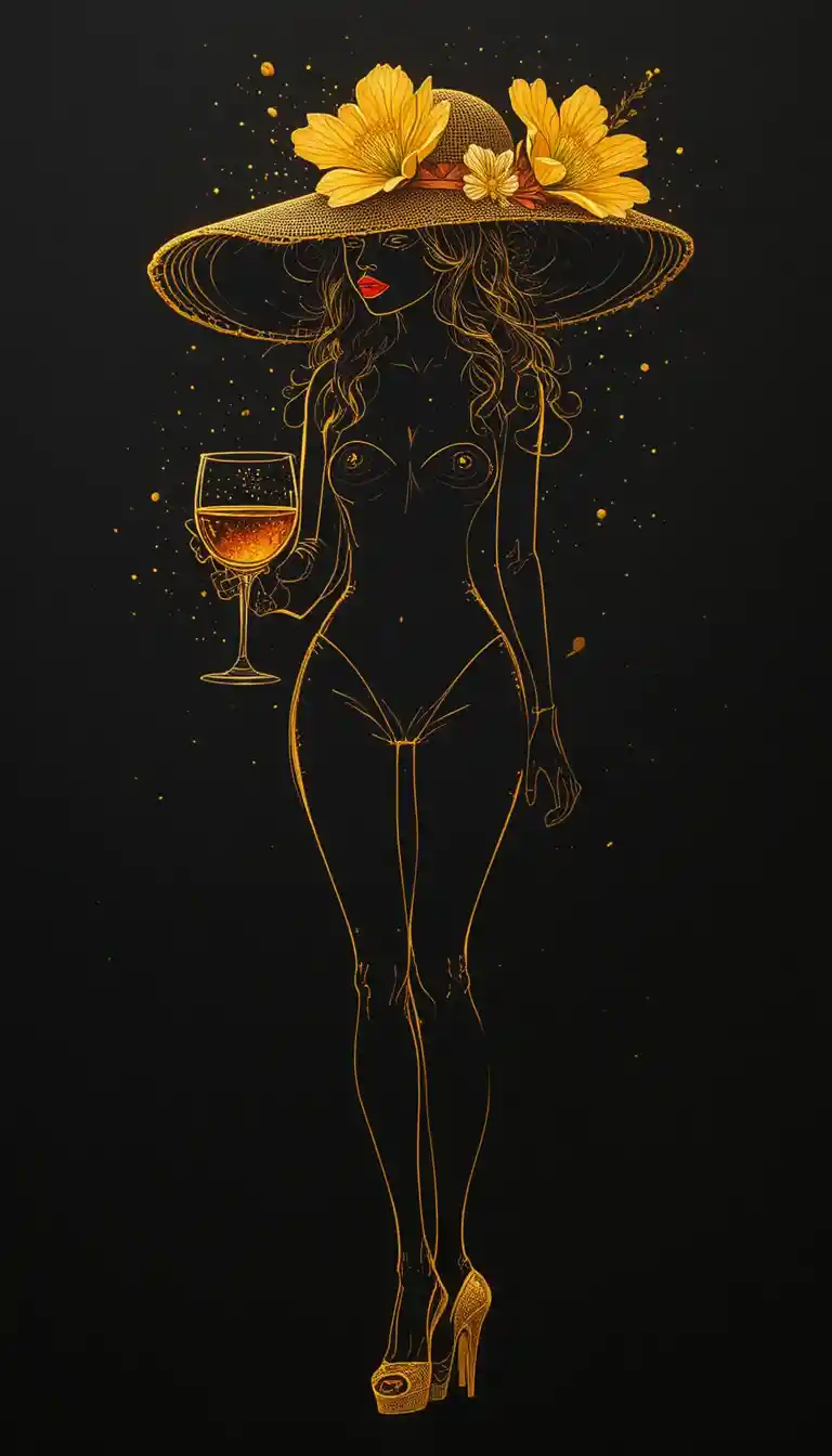 戴帽拿酒杯的優雅金線女人
