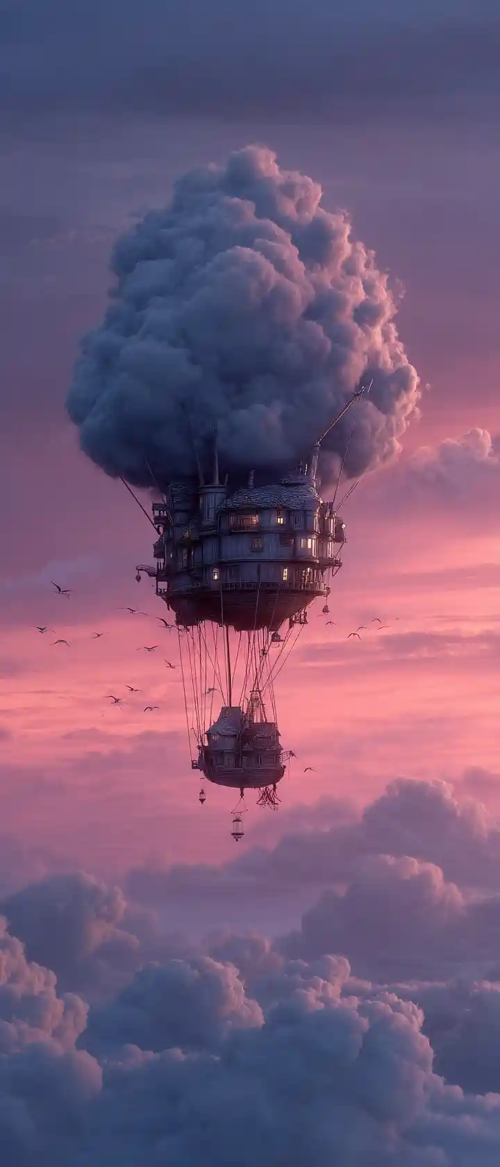 Sanftes Wolken-Luftschiff, das bei der Dämmerung ein schlafendes Kind emporträgt