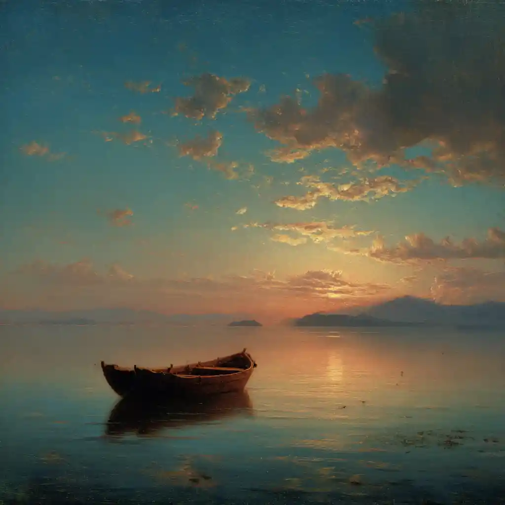 Barco em lago italiano ao pôr do sol romântico e tranquilo