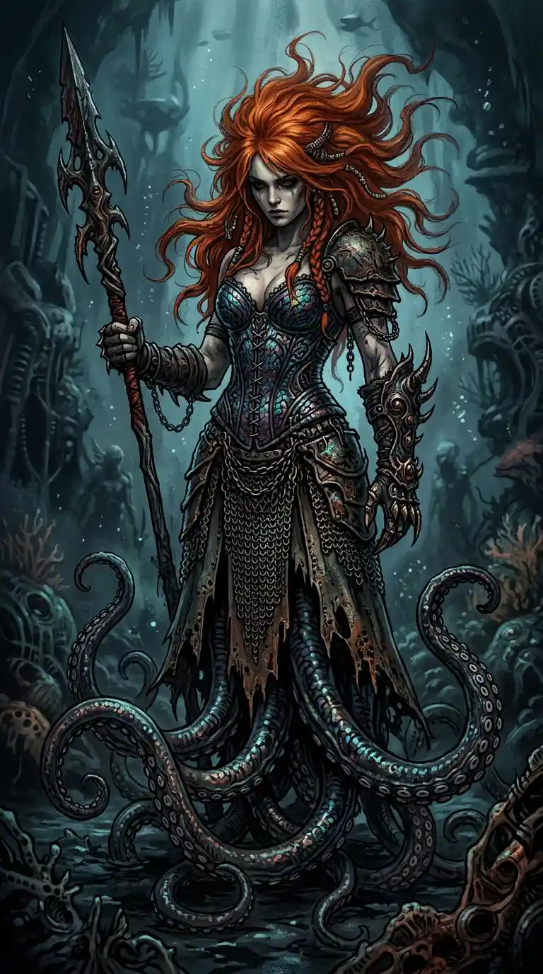 Donna dark fantasy con tentacoli in un reame sottomarino