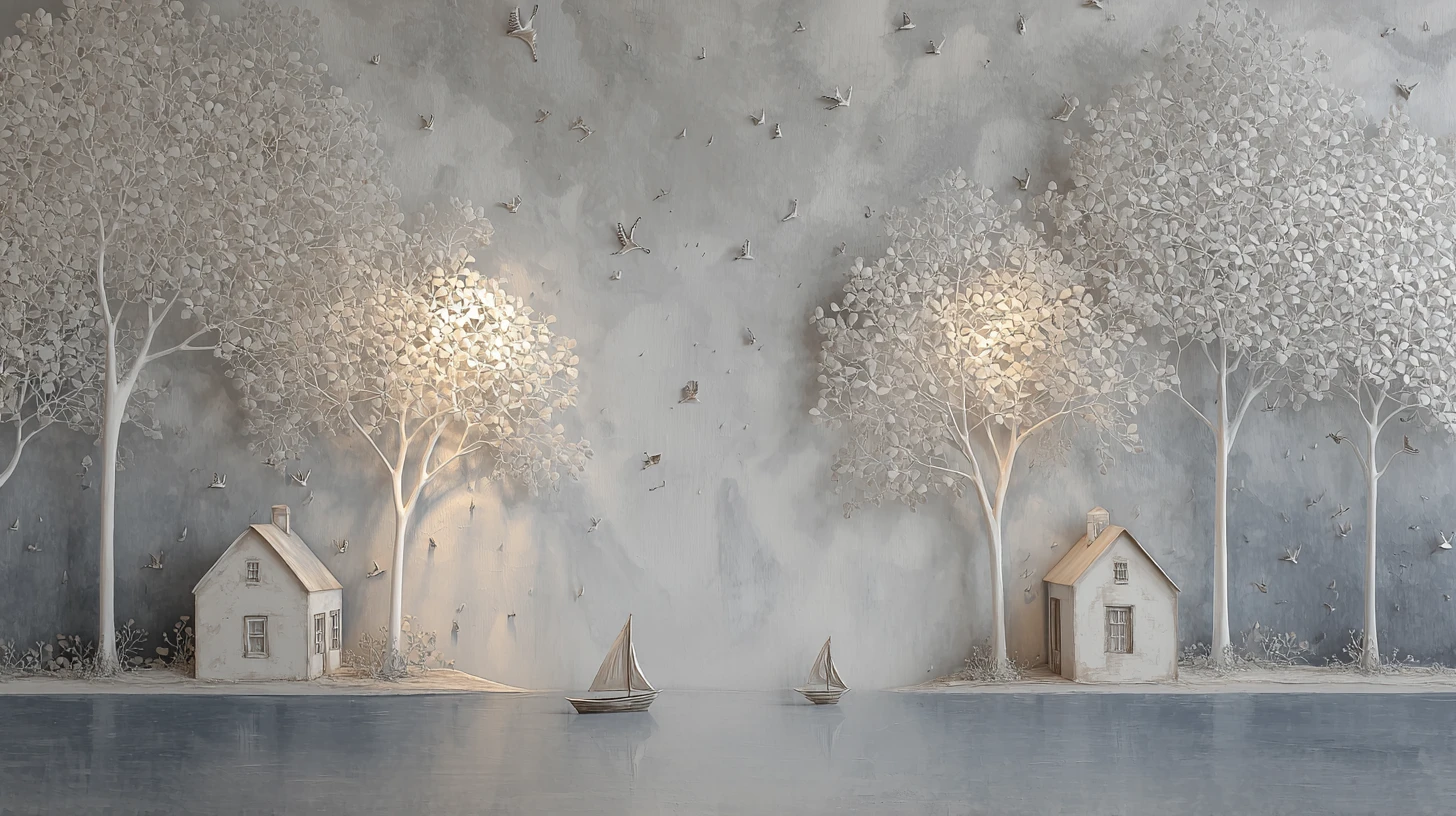 Cabañas costeras surreales con barcos bajo una suave lluvia brumosa