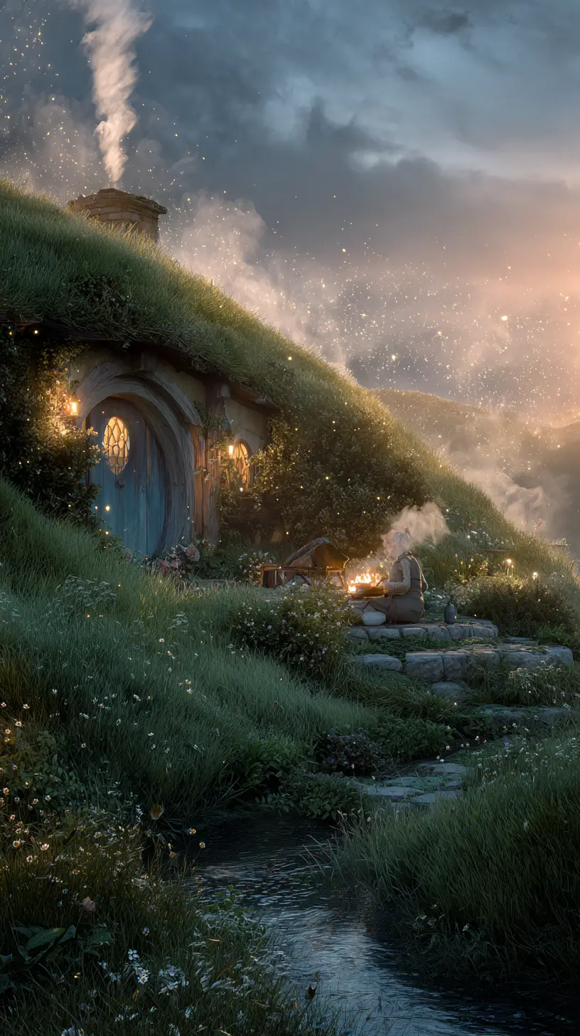 Hobbit home by a stream at peaceful golden hour