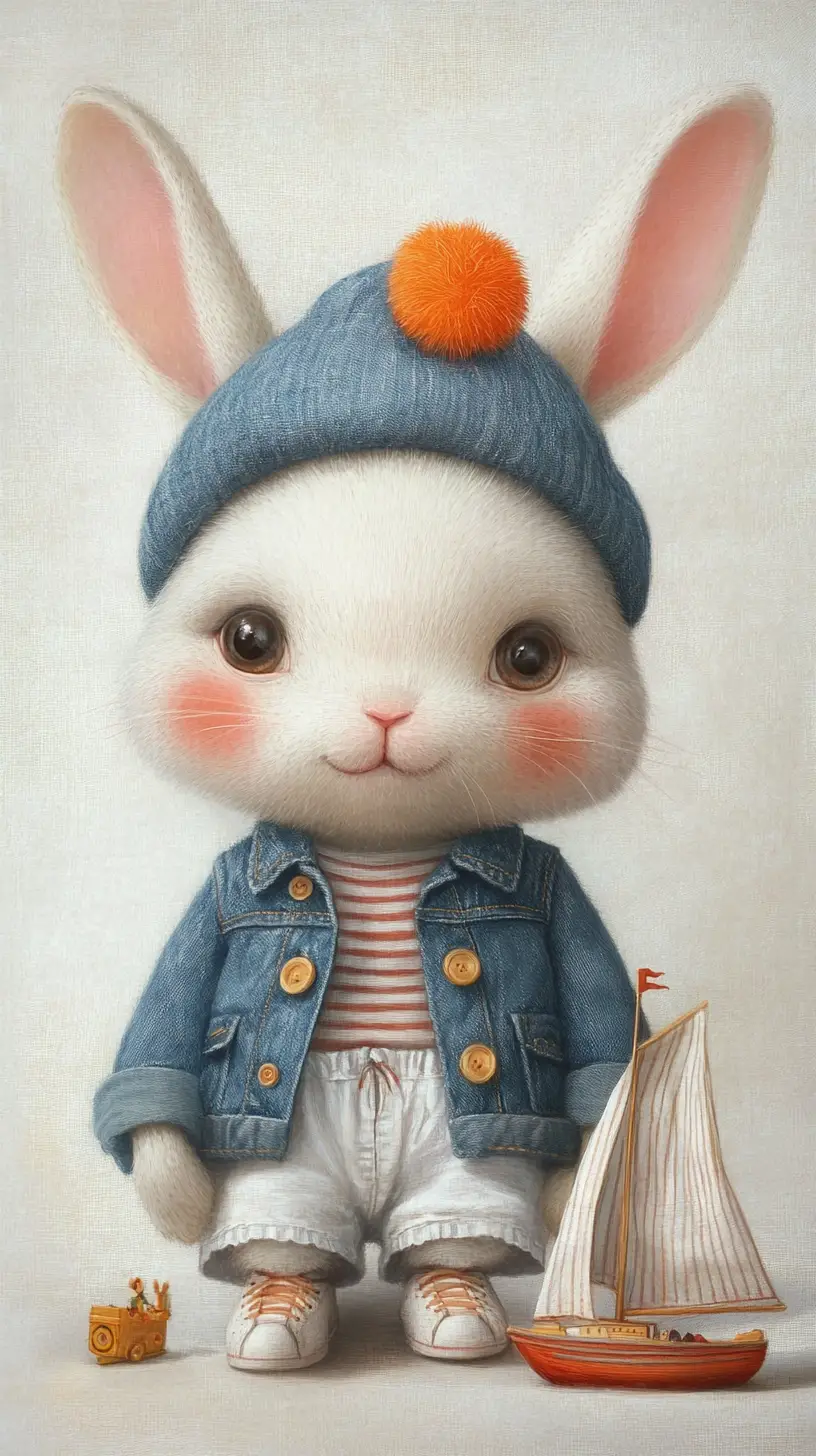 Cute rabbit in pastel outfit with toy sailboat