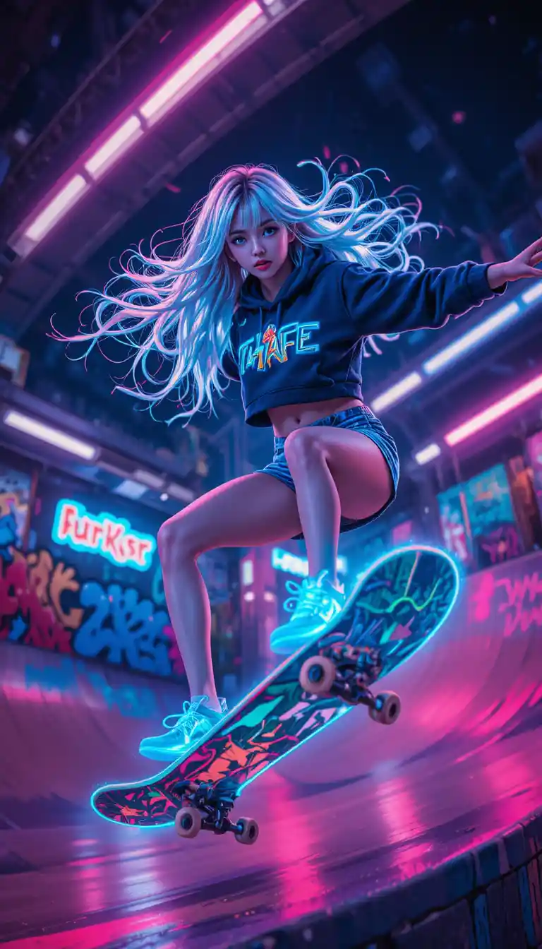 Fille d’anime aux cheveux néon faisant du skateboard dans une ville futuriste de nuit