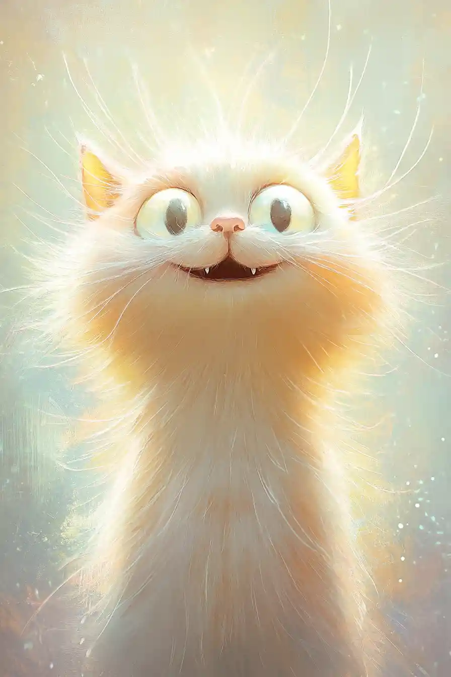 Whimsical fluffy cat with big joyful eyes illustration
