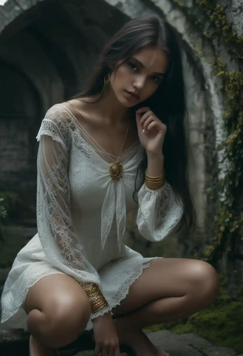 Woman in white lace dress on ancient gothic stone stairs