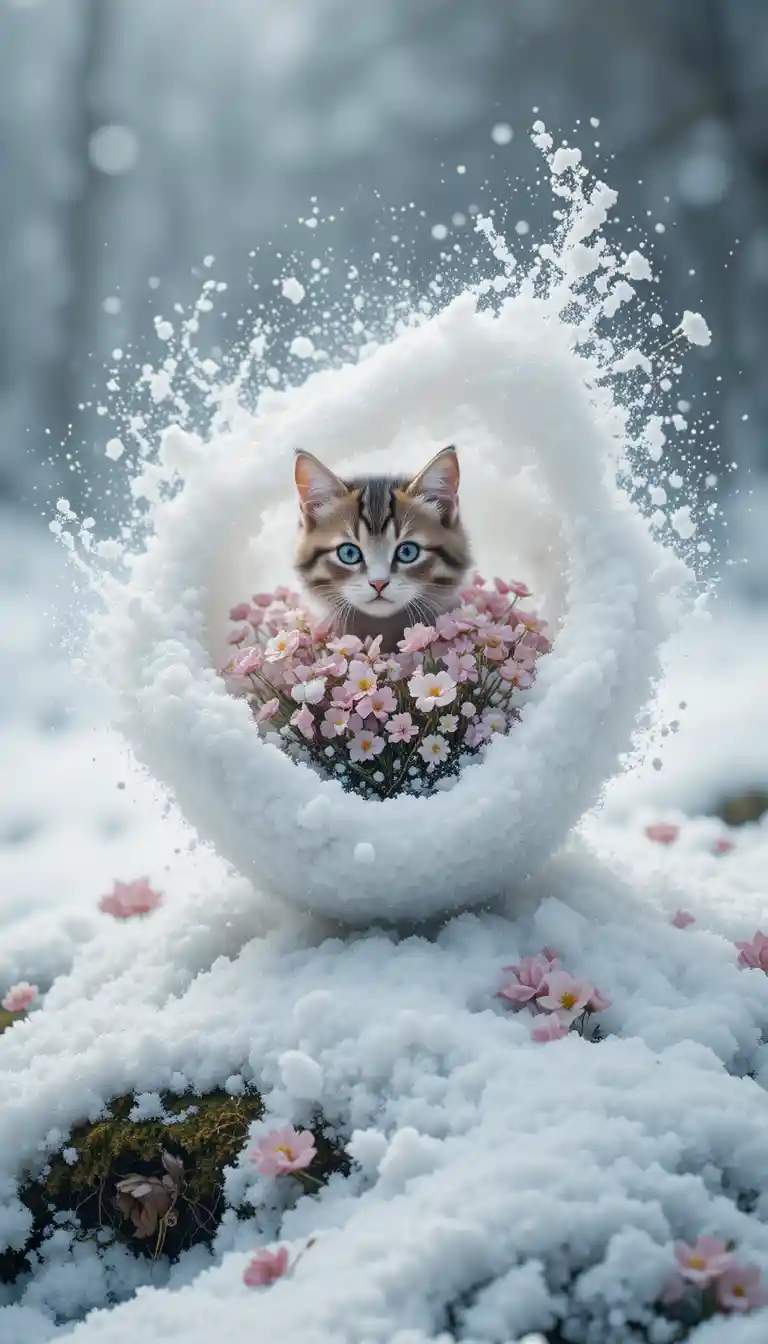 Spring kitten emerging from whirlwind on white snow