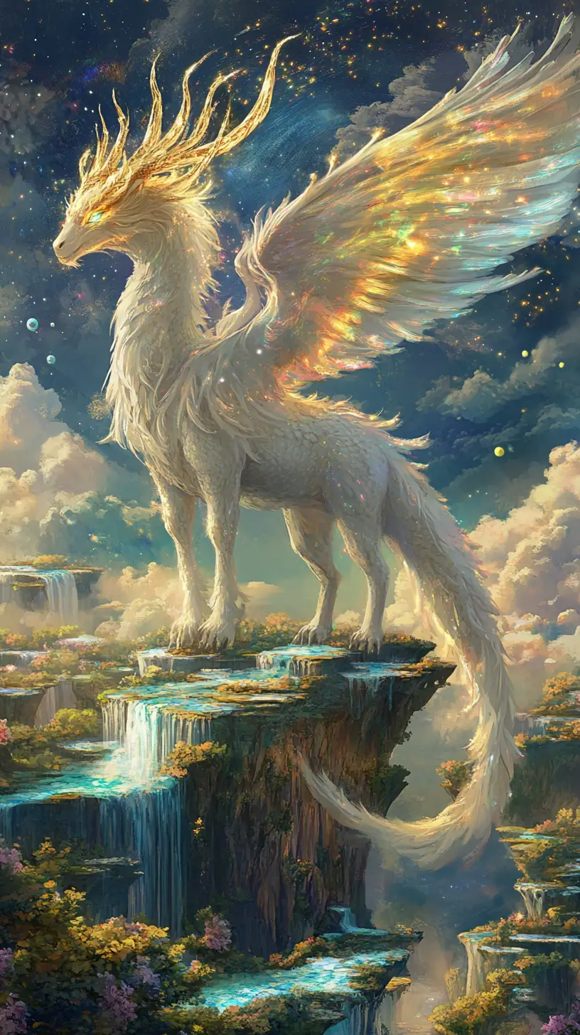 Radiant celestial dragon soaring above fantasy floating islands