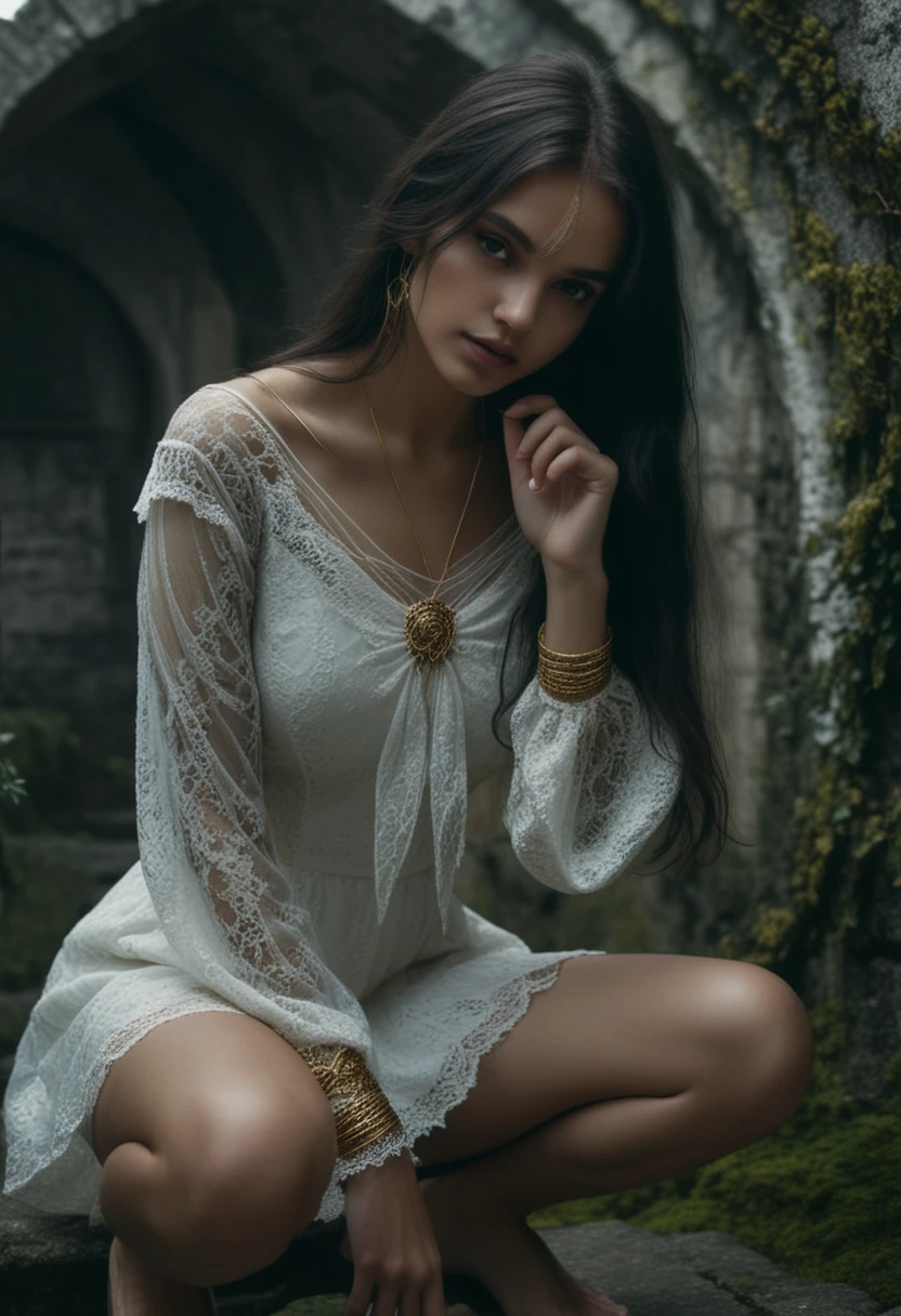 Woman in white lace dress on ancient gothic stone stairs