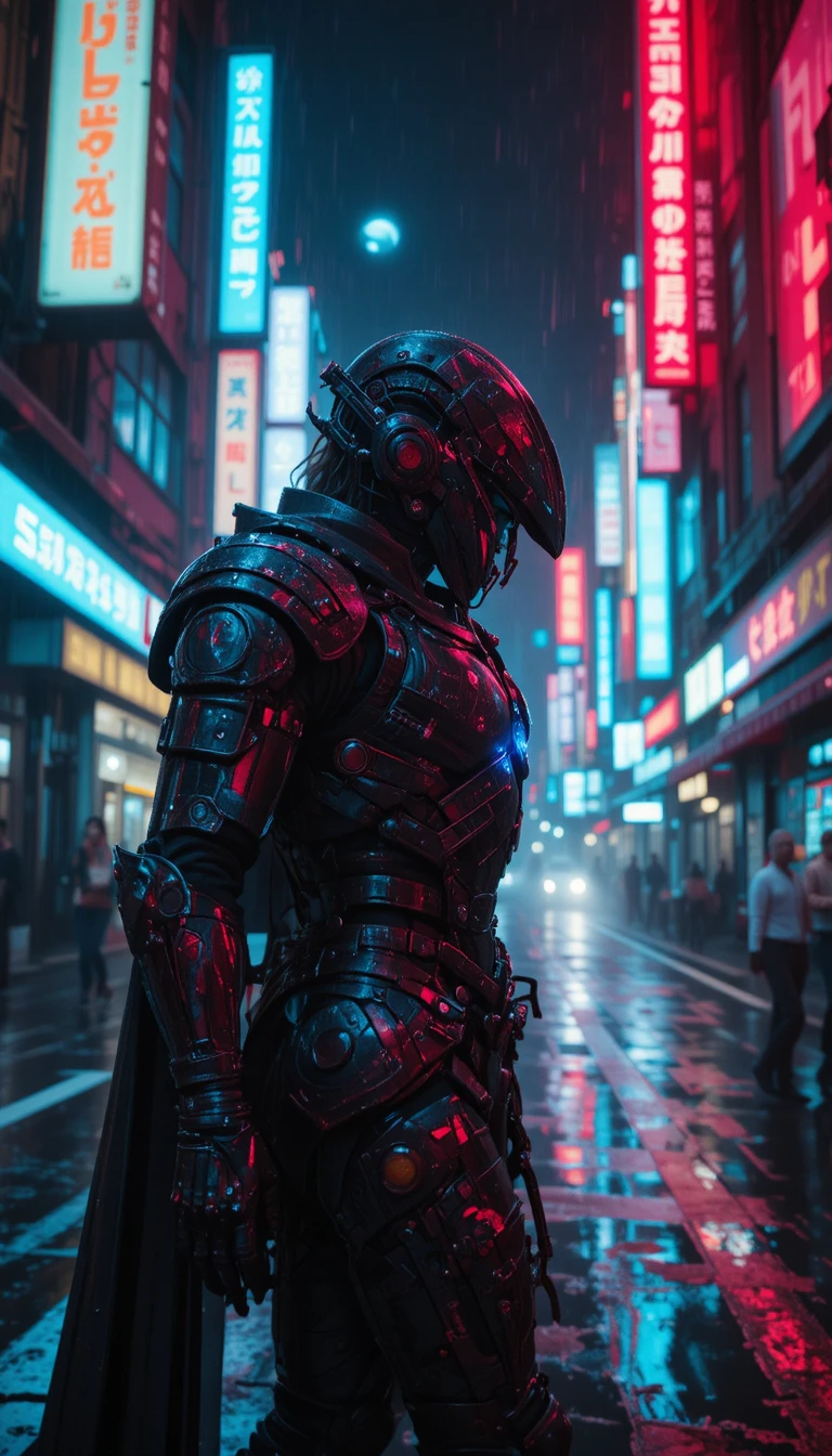 Armored heroine in neon lit cyberpunk city street