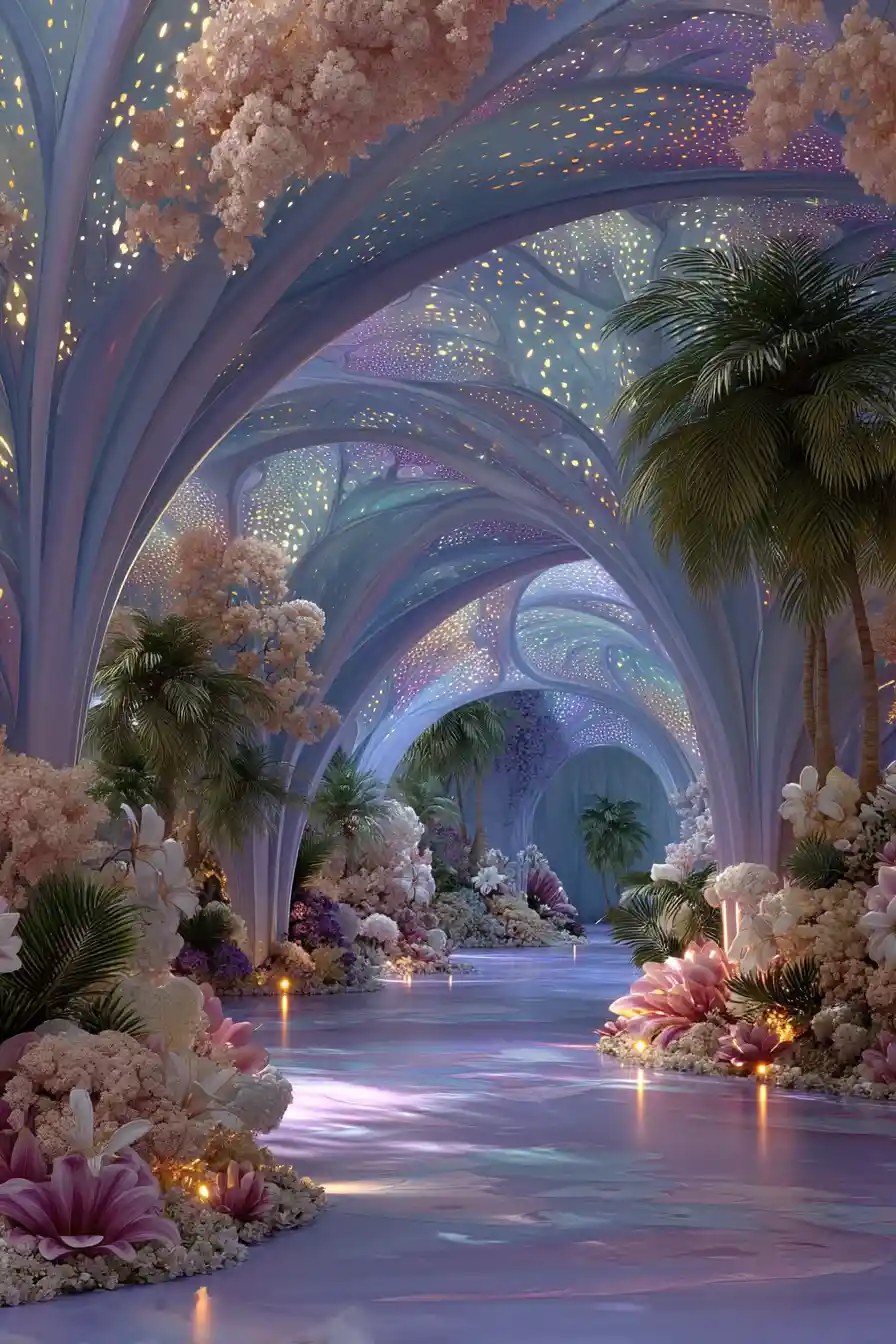 Surreal neon botanical fantasy in a sci fi dreamscape