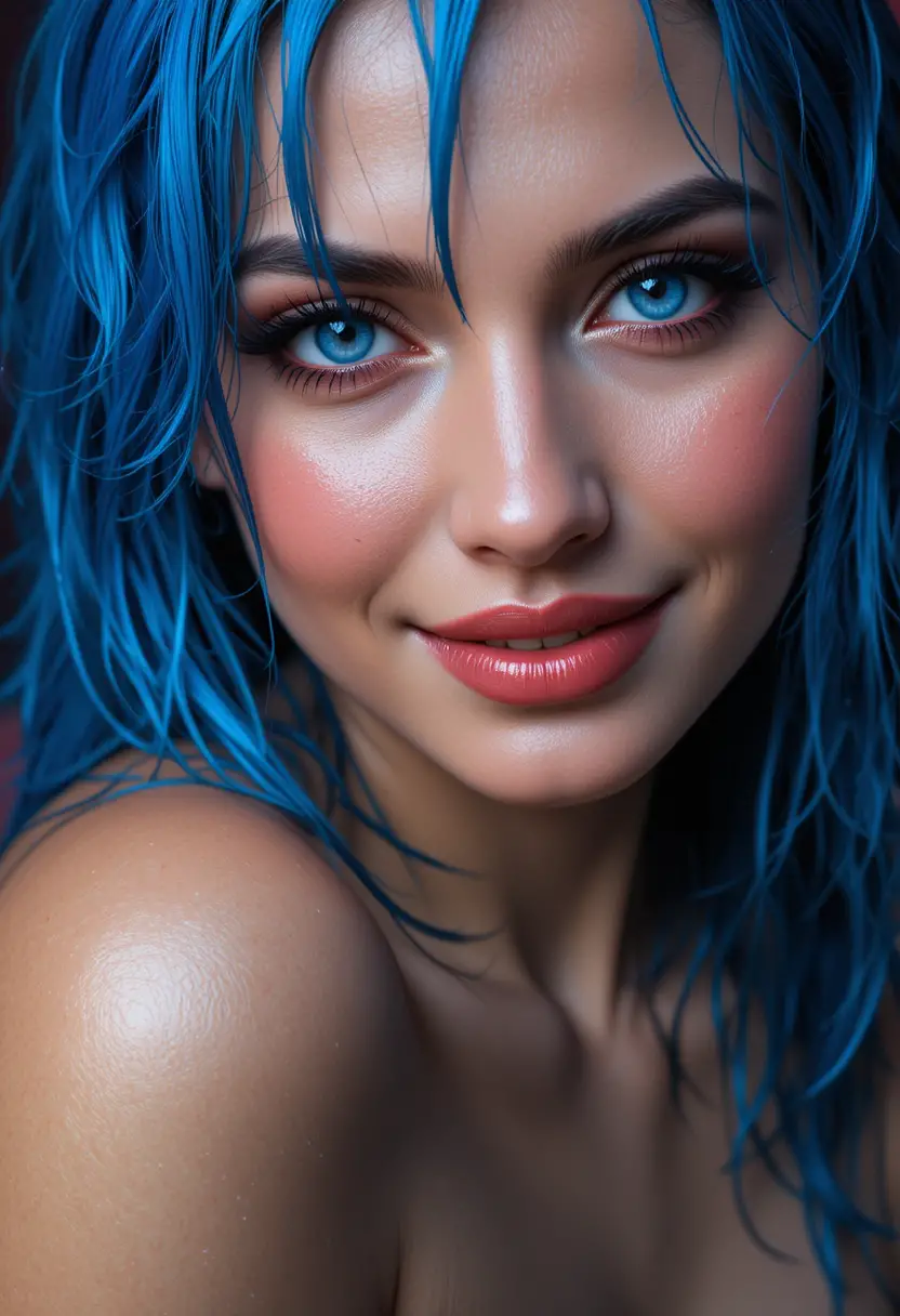 Primo piano di una donna con i capelli blu bagnati