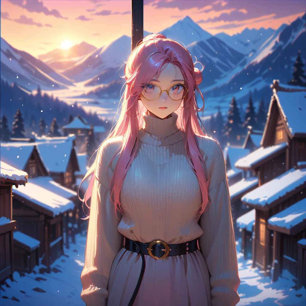 Junge Frau in Hütte bei Sonnenuntergang mit Blick auf verschneite Berge