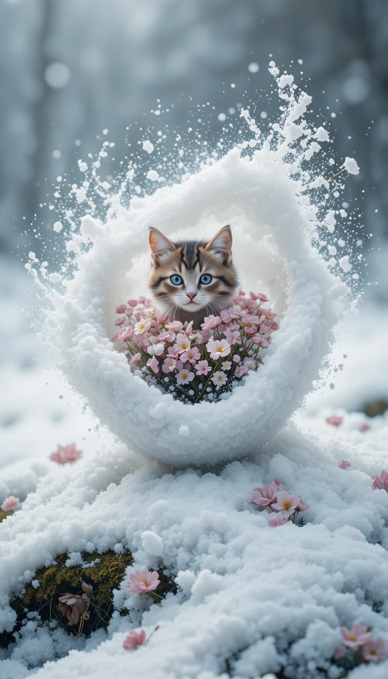 Spring kitten emerging from whirlwind on white snow