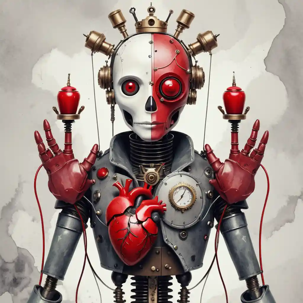 Melancholic steampunk puppet with glowing red heart torso