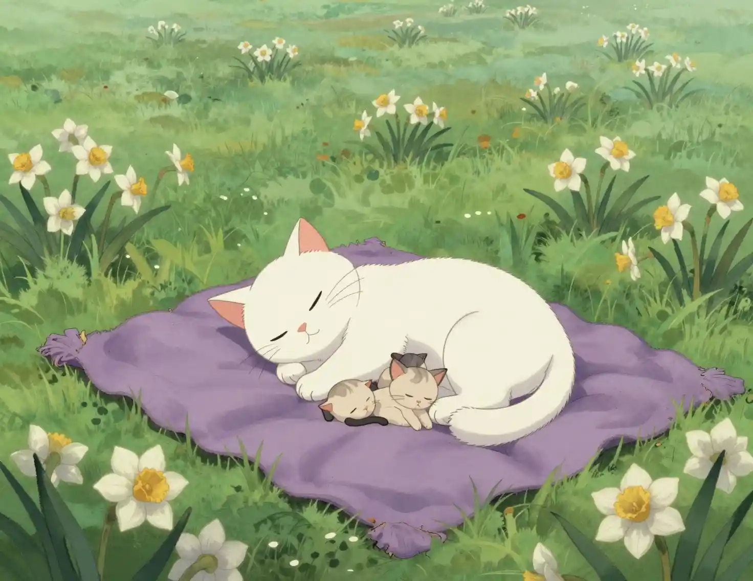 White cat and kittens sleeping on lilac blanket in meadow