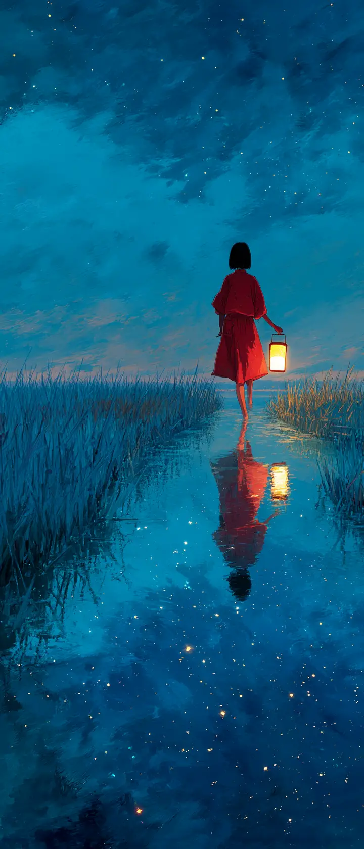 Girl in red raincoat crossing a flooded rice field