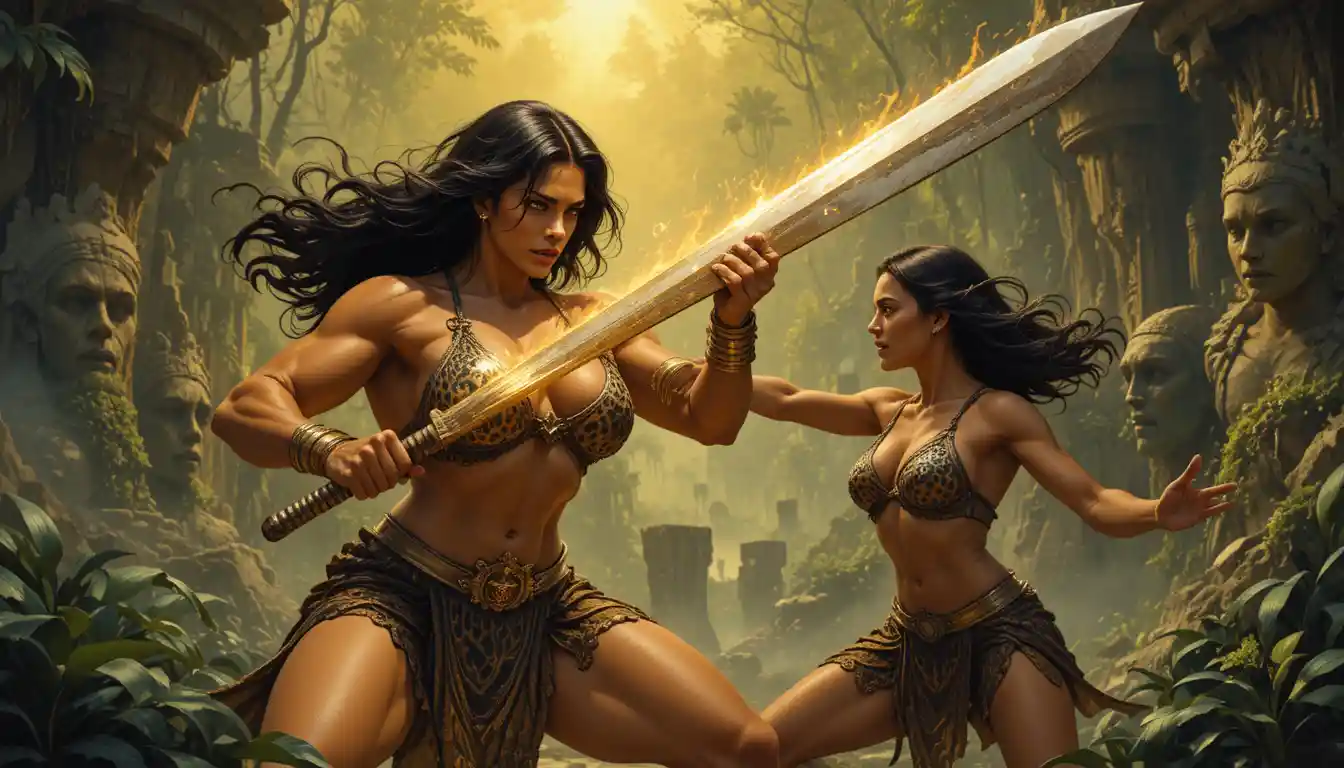 Muscular Warrior Women Fighting In A Primal Jungle Scene